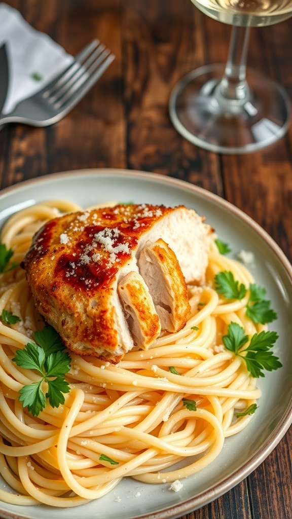 Garlic parmesan pasta with crispy chicken, garnished with parsley and parmesan on a rustic table.